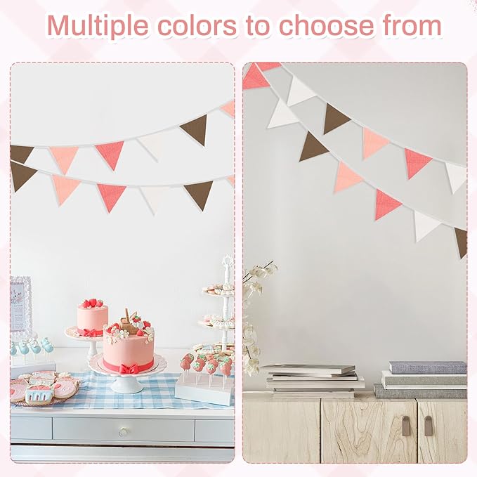 2PCS Pennant Banner Flags, Fabric Bunting Banner Nursery Garland Decor, Baby Shower Garland, Triangle Flags for Baby Boy Room, Playroom, Boho Birthday Party Decor, Each 7.75 ft (White Pink)