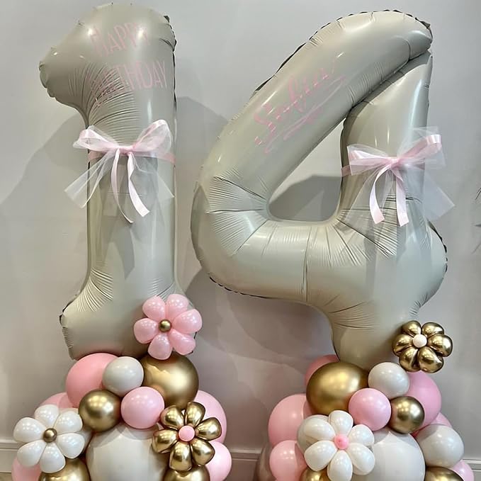 40 Inch 4 Balloons, Large Beige Number 4 Balloon for 4th Birthday Foil Number Balloons Set 0-9, Self Inflating White Sand Digital 4 Helium Balloon for Girls Birthday Women Anniversary Party Decoration