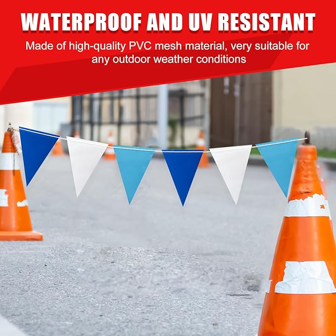 Safety Warning Pennant Banner Flags – Multipurpose 105FT OSHA High Visibility Colored Triangle Flags for Party, Roadwork, and Hazard Areas(Dark+Light Blue,45pcs,105FT)