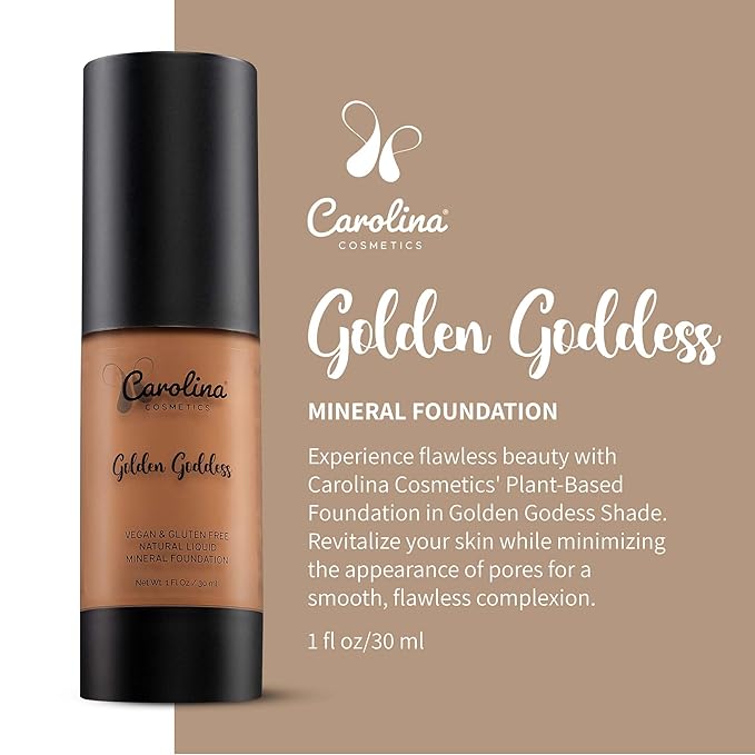 Carolina Cosmetics - Foundation in Golden Goddess Shade Plant-Based - Hydrating, Pore-Minimizing & Buildable Coverage - Vegan, Non-GMO - 1fl oz