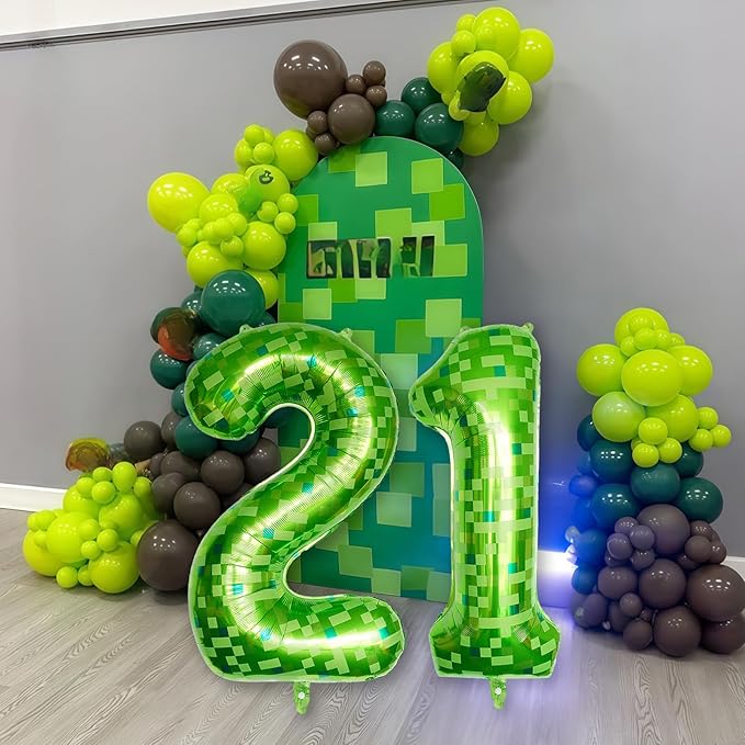 21st Birthday Balloons for Men, Large Lime Green Pixel Number 21 Balloon, 40 Inch Dark Kelly Green Foil 21 Balloon Number for 21 Year Old Birthday Video Game Forest Patrick's Day Party Decorations