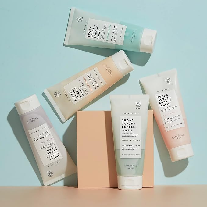 VOESH Sugar Scrub + Bubble Wash, Exfoliating Body Wash, Clean Ocean 2 Pack, Scalp Exfoliator, Scalp Care, Vegan Skin Care