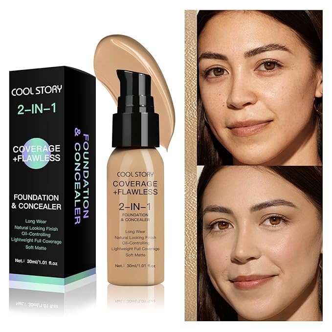 2-in-1 Foundation and Concealer Long Wear Natural Matte Finish Lightweight Coverage (Tan Beige)