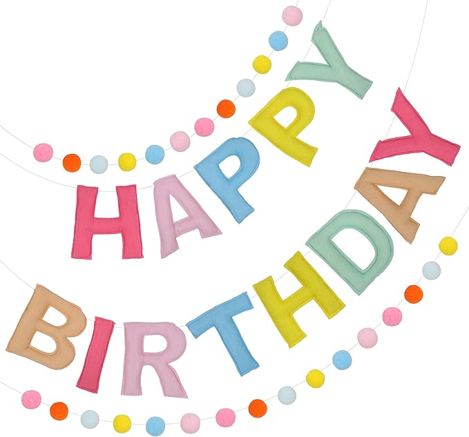 2 PCS Pre-Strung 3D Felt Happy Birthday Banner - Reusable Rainbow Happy Birthday Decorations Sign, Felt Ball Garland, Pom Pom Garland, Party Decor, Photo Prop (MACARON)