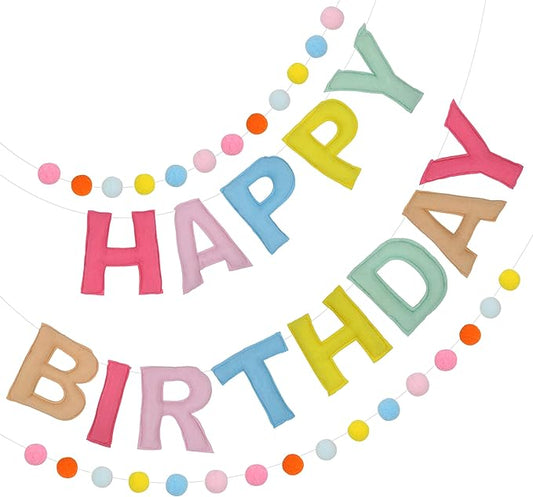 2 PCS Pre-Strung 3D Felt Happy Birthday Banner - Reusable Rainbow Happy Birthday Decorations Sign, Felt Ball Garland, Pom Pom Garland, Party Decor, Photo Prop (MACARON)