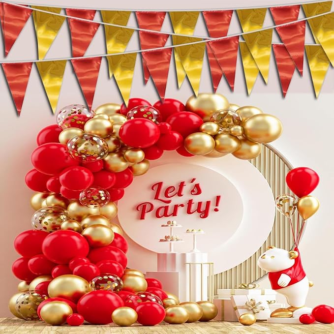 20M/65FT Red Gold Triangle Pennant Banner Flag Metallic Fabric Bunting Garland for Christmas Graduation Anniversary Birthday Engagement Wedding Anniversary Casino Party Decorations Supplies