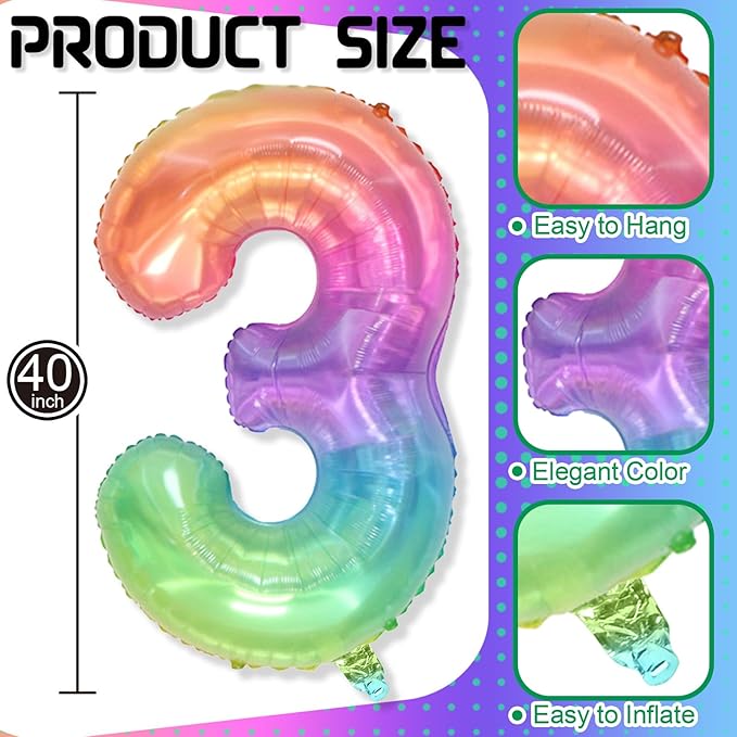 3rd Birthday Balloons for Boys, 40 Inch Foil Self Inflating Rainbow Number 3 Balloon, Large Mylar Colorful Multicolor 3 Balloon Number for Kids 3 Yeal Old Birthday Party Decor Anniversary Decorations