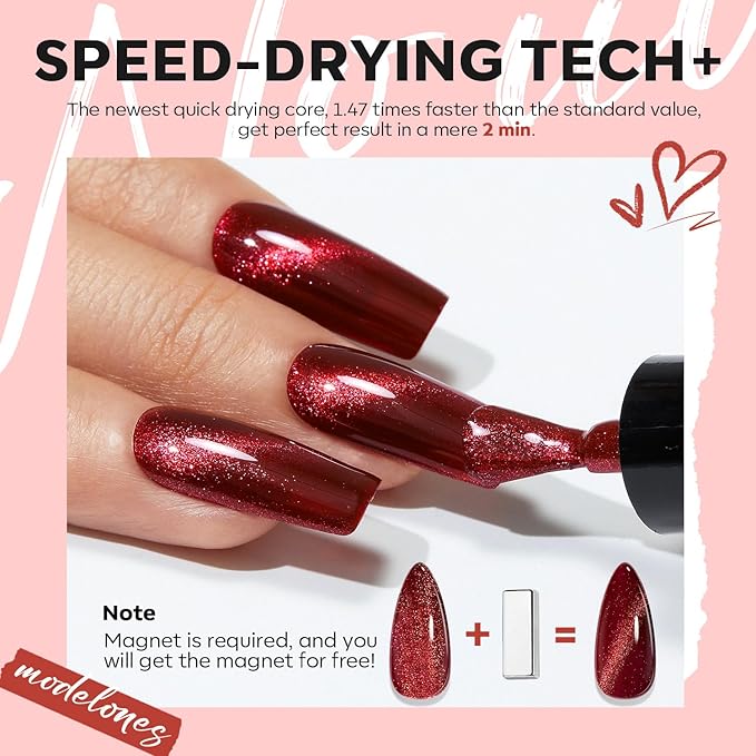 modelones Nail Polish Set 6 Colors, Dark Red Christmas Cat Eye Burgundy Glitter Quick Dry Mini Nail Lacquer Kit Magnetic Maroon Purple Cherry DIY Home Nail Art Manicure Gifts for Women Girls