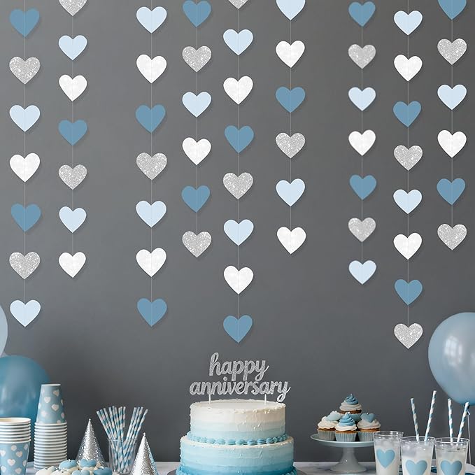 Silver Blue White Heart Party Decorations Dusty Blue Glitter Paper Silver White Love Heart Hanging Garland Streamer Banner for Birthday Baby Shower Valentines Day Anniversary Wedding Party Supplies