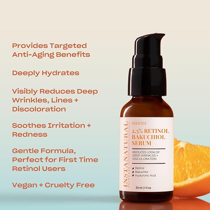 InstaNatural Retinol Serum for Face with 2.5% Retinol, Bakuchiol, Hyaluronic Acid & Squalane | Smoothing Serum for Even-Toned, Youthful-Looking Skin - 1 Fl Oz