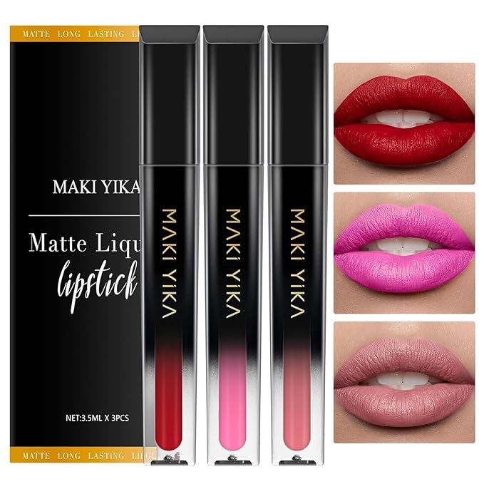 MAKI YIKA 3Pc Matte Lipstick Makeup, Red Pink Nude Lipstick For Women Long Lasting Smudge Proof Non Transfer Lip Makeup Cruelty Free |Red/Pink/Nude