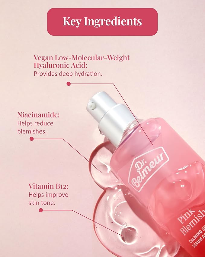 DR. BELMEUR Pink Blemish Calming Serum (1.7fl oz) - Hydrating, Soothing Korean Skin Care for Sensitive Skin. Vegan Hyaluronic Acid, Niacinamide.