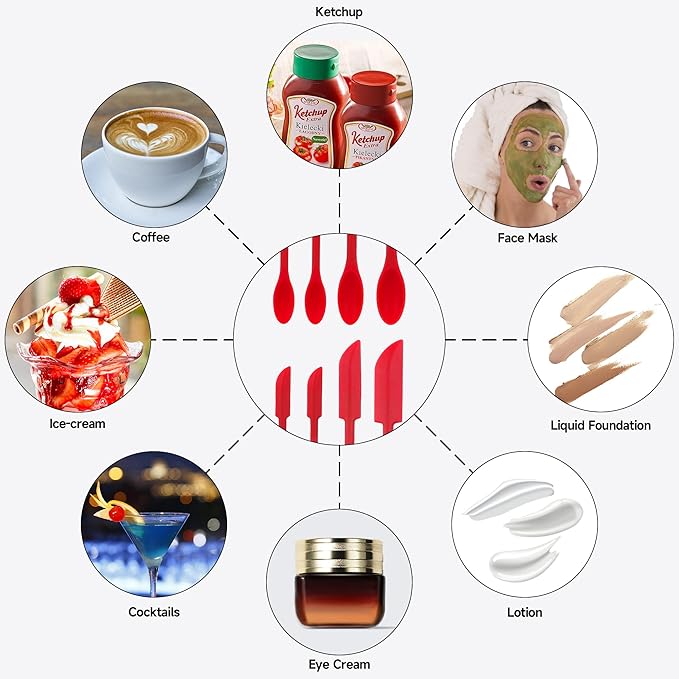 Mini Spatula Silicone Spatula Set - 4pcs Small Makeup Scrapers for Cosmetics, Reusable Beauty Tiny Tools, Thin Jar Scraper, Get the Last of the Makeup Out of the Bottle(Red)