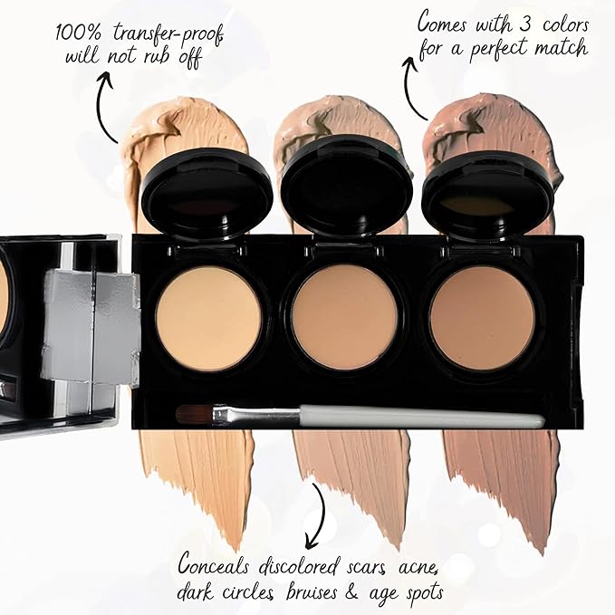 Full Coverage Concealer Palette, Waterproof Concealer Cream, 3 Colors + Brush, by Dermaflage