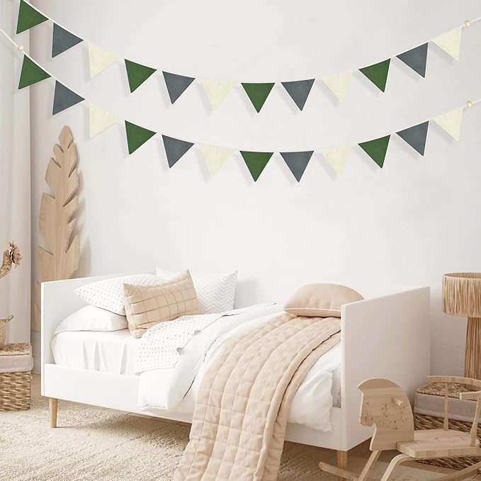 2 Sets of Green Grey Beige Nursery Garland 24Pcs Woodland Fabric Linen Pennant Banner Flags Triangle Streamers for Baby Playroom Decor Kids Camping Birthday Baby Shower Jungle Party Decorations