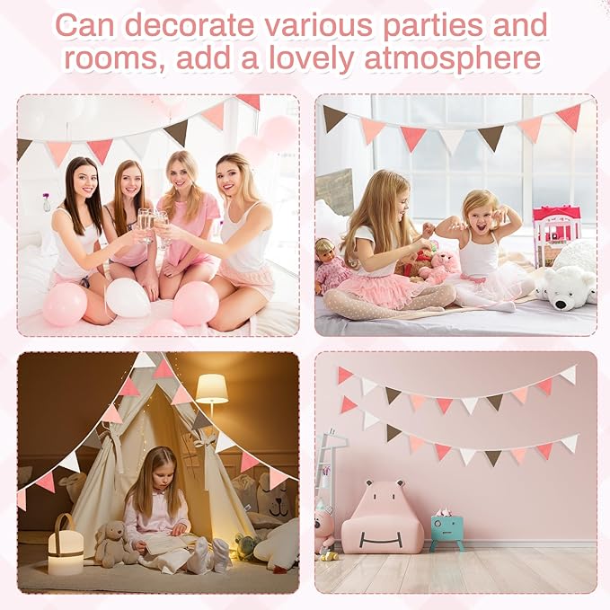 2PCS Pennant Banner Flags, Fabric Bunting Banner Nursery Garland Decor, Baby Shower Garland, Triangle Flags for Baby Boy Room, Playroom, Boho Birthday Party Decor, Each 7.75 ft (White Pink)