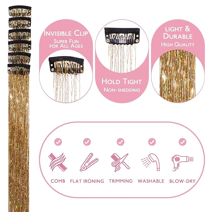 WENNALIFE Hair Tinsel Clip In for Girls Champagne, 6pcs 24 inch Hair Tinsel Clips Tinsel Hair Extensions Clip in Colorful Glitter Tinsel Hair Clips Sparkle Fairy Hair Accessories for Kids