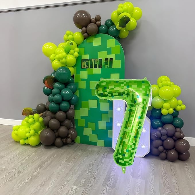 40 Inch Green Pixel Number 7 Balloon for Kids 7th Birthday Decorations, Large Dark Kelly Lime Green Self Inflating Foil Seven Balloon Number for Boys Birthday Video Game Patrick's Day Party Supplies
