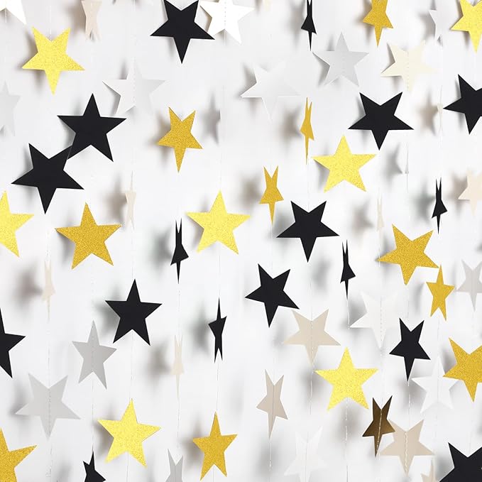 Patelai Glitter Star Garland Banner New Years Decor 130 Feet Star Hanging Banner Twinkle Backdrop for Birthday Classroom Wedding Halloween Christmas Party Supplies(Silver Gold Black)