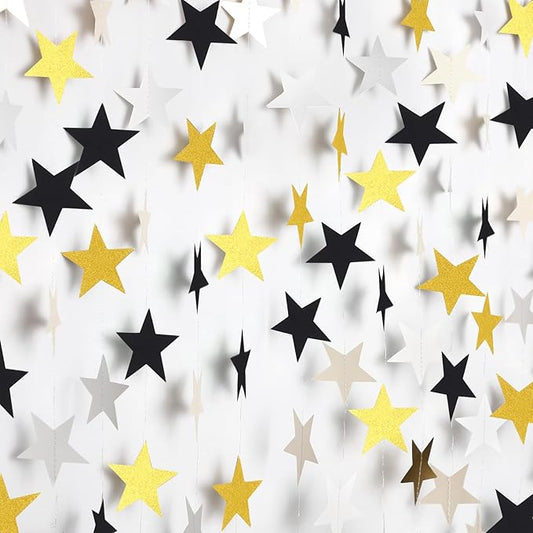 Patelai Glitter Star Garland Banner New Years Decor 130 Feet Star Hanging Banner Twinkle Backdrop for Birthday Classroom Wedding Halloween Christmas Party Supplies(Silver Gold Black)