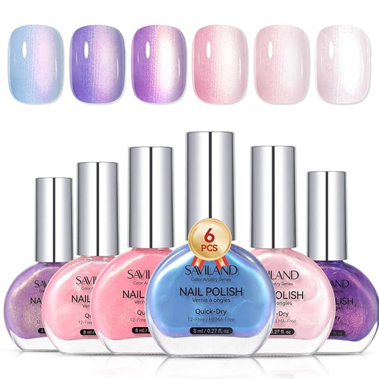 SAVILAND Color Artistry Pearl Nail Polish Set: Quick Dry 12-Free Aurora Nail Polish 6 Shimmer Colors Fingernail Polish Set Color-Locked Summer Vegan Nail Toes Lacquer DIY Nail Art Home Use Women