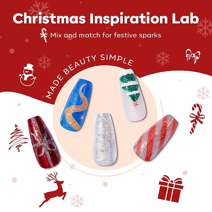 modelones New Year Nail Polish Set 6 Colors, Red Green Burgundy Gold Silver Blue Glitter Quick Dry Mini Nail Lacquer Kit with Christmas Stickers, Sparkle Winter Nail Art Manicure Gift for Girls Women