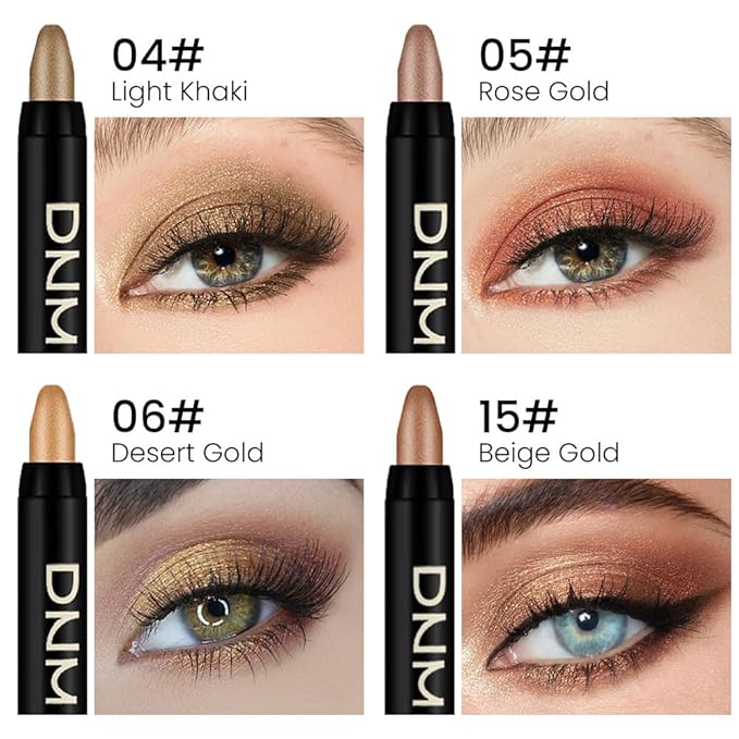 evpct 4Pcs Cream Eye Shadow Brightener Sticks Set for Eyes, 04# Light khaki 05# Broze gold 06# Desert gold 15# Beige gold Shimmer Metallic Eye shadow Pencil Applicator Stick Palette Makeup Waterproof