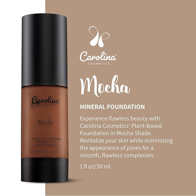 Carolina Cosmetics - Plant-Based Foundation in Mocha Shade - Hydrating, Pore-Minimizing & Buildable Coverage - Vegan, Non-GMO, Gluten-Free, Paraben-Free- Sun Protection - 1Fl Oz