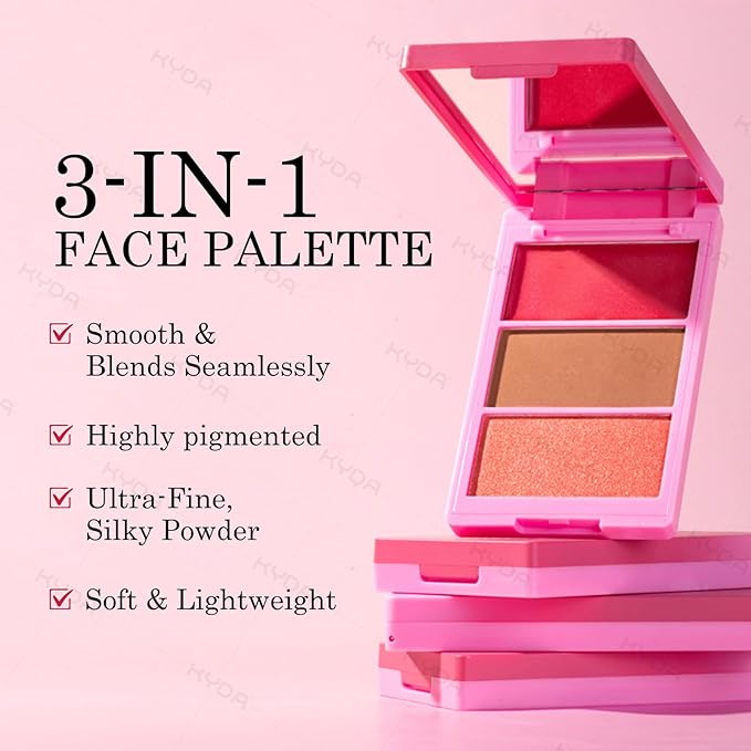 KYDA 3 Colors Blush Palette, All-In-One Face Maleup Palette, Matte Cheek Blusher Makeup, Multi-Finish Shimmery Blusher, Blendable Blush Highlighter Powder,04
