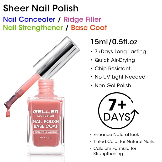 GELLEN 4-In-1 Illuminating Nail Concealer Base Coat Polish Dusty Rose Pink, Sheer Nail Strengthener Ridge Filler for Nails, Calcium Formula Smoothes Strengthens Nails, Quick Dry, Hema Free, Non-toxic