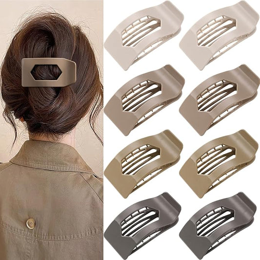 8 Pack Brown Flat Hair Clips for Women – Large Neutral Glossy No-Slip Rectangle Claw Clips for Thick & Thin Hair, Strong Hold Square Hair Accessories for Everyday Office or Coffee Look