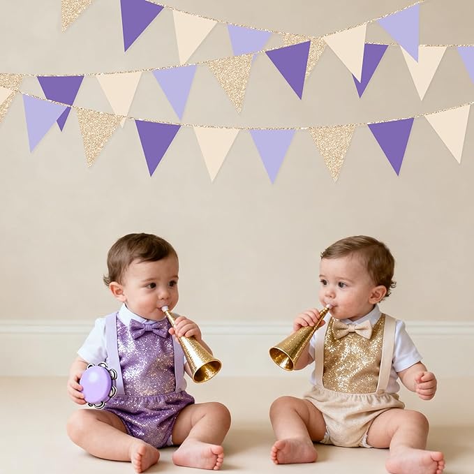 30 Ft Purple Lavender Beige Champagne Gold Party Decorations Pennant Banner Flag Hanging Paper Triangle Bunting for Baby Shower Birthday Bridal Shower Wedding Engagement Lilac Violet Party Supplies