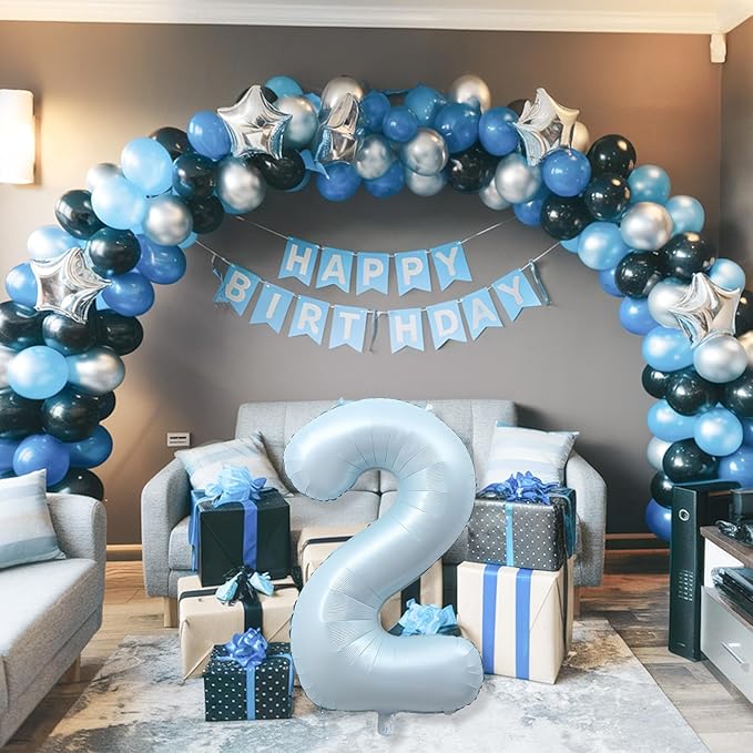 40 Inch 2 Balloon Number, Large Pastel Baby Matte Blue Foil Number 2 Balloons Birthday Party Decor, Light Blue Mylar Self Inflating Two Balloon for Boys 2nd Birthday Baby Shower Anniversary Decoration