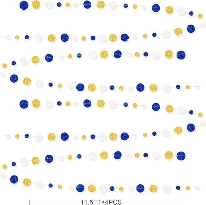 Royal Blue Gold White Party Polka Dot Garland Dark Blue Glitter Gold White Hanging Paper Circle Dots Streamer for Birthday Graduation Baby Shower Wedding Retirement Nautical Party Decorations Supplies
