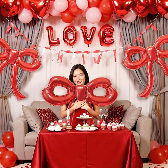 4 Pcs Red Bow Balloons Bow Party Decorations for Girl Women Red Bow Birthday Decorations Giant Foil Balloon for Baby Shower Engagement Wedding Christmas Decor Bachelorette Party Supplies