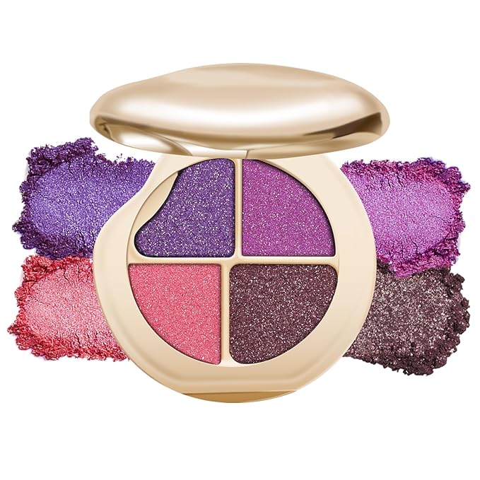 KYDA 4 Colors Eyeshadow Palette, Plum Matte Eyeshadow, Pearl Metallic Glitter Makeup Palette, High Pigment Pressed Powder Eye Makeup for Old Women, Lasting Blendable Pink Eyes Shadow, Pink Purple