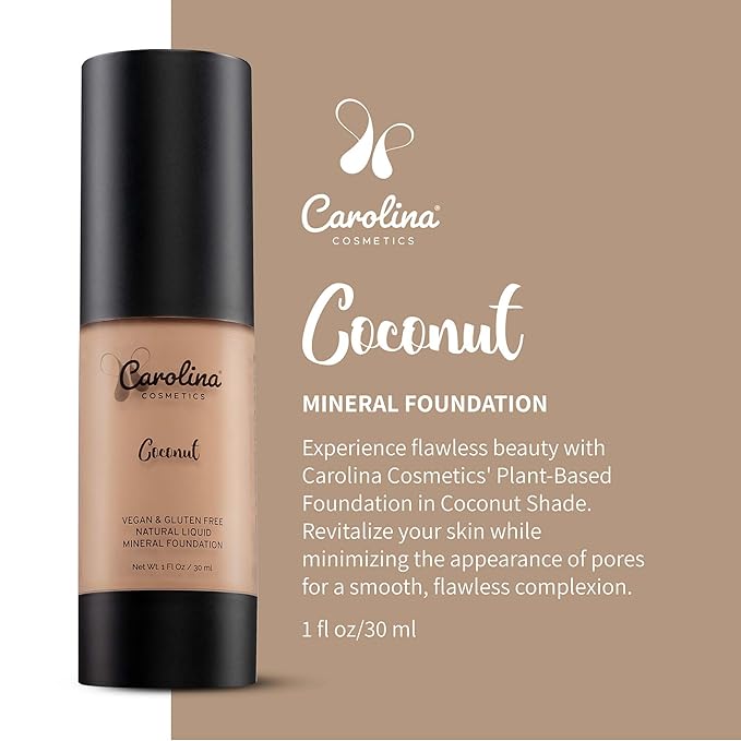 Carolina Cosmetics - Foundation in Coconut Shade Plant-Based - Hydrating, Pore-Minimizing & Buildable Coverage - Vegan, Non-GMO, Paraben-Free - 1oz