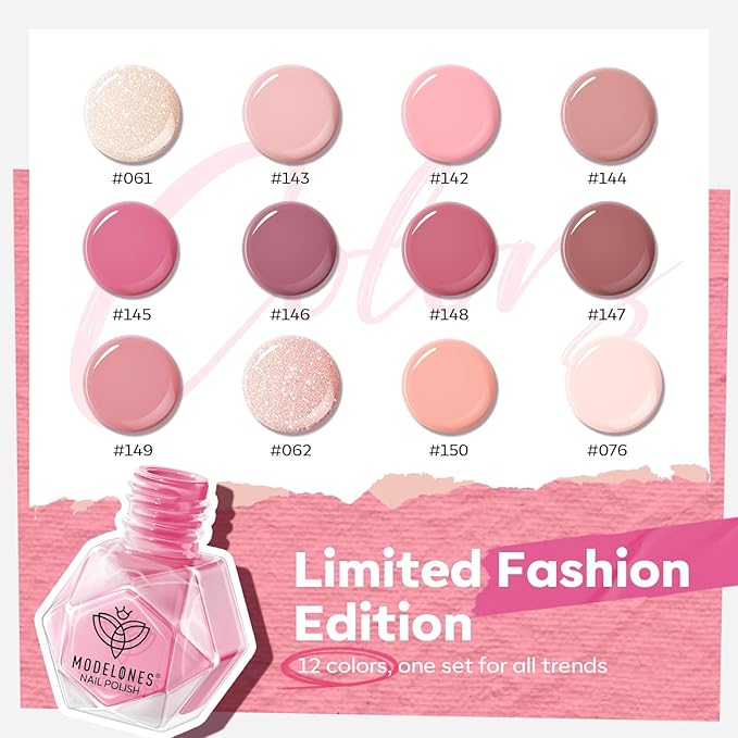 modelones Nail Polish Set 12 Colors Nude Pink Quick Dry Mini Nail Lacquer Kit, Neutral Shimmer White Glitter Finger Toe Nail Polish Bulk Manicure DIY Nail Art Salon Travel Home Gift for Women Girls