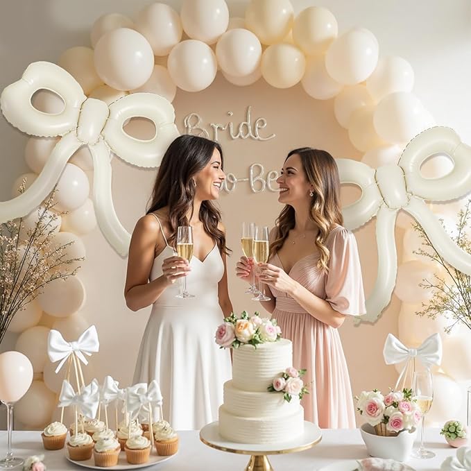 4 Pcs Bow Birthday Decorations Cream Bow Balloons for Girl Women Bow Themed Party Decorations Giant Foil Beige Balloons for Birthday Baby Shower Gender Reveal Wedding Decor Party Supplies