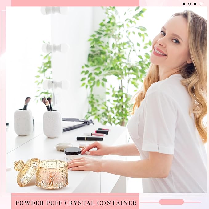 Tioncy 3 Pcs Large Body Powder Puff and Container Powder Container with Puff Crystal Case Soft Washable Reusable Velour Face Body Glitter Wet Dry Makeup(Crown,Amber)