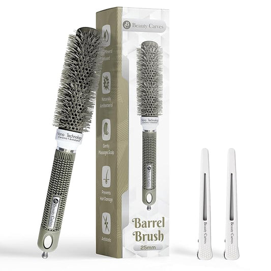 Round 25(mm) Barrel with 2 Clips – Round Hair Brush with Flexible Nylon 66 Bristles Nano Ionic Heat Resistant Tech for Professional Curling, Styling & Shining Texture