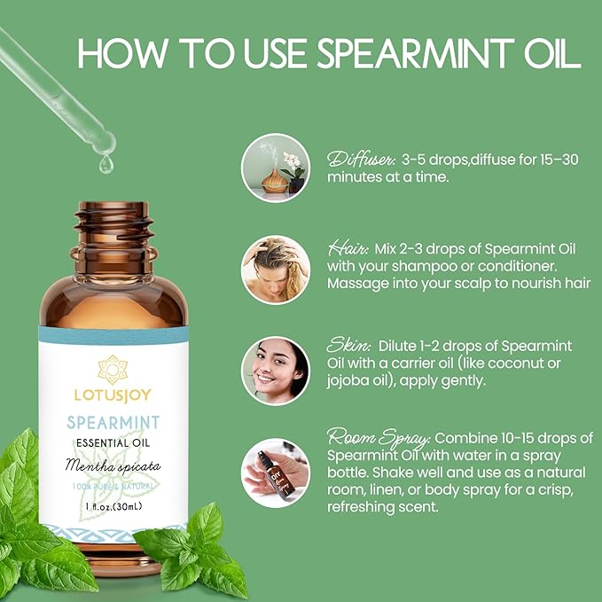 Spearmint Oil for Facial Hair Skin Roll On Diffuser Room Spray - Pure Organic Therapeutic Grade Spearmint Essential Oil 1 Oz