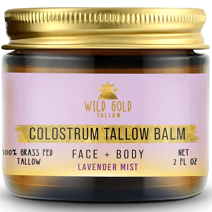 100% Grass Fed Tallow Balm with First Colostrum & Emu Oil - Handmade in USA Whipped Beef Tallow for Face and Body, Sensitive Skin Tallow Moisturizer made with True First Colostrum, (Lavender Mist)