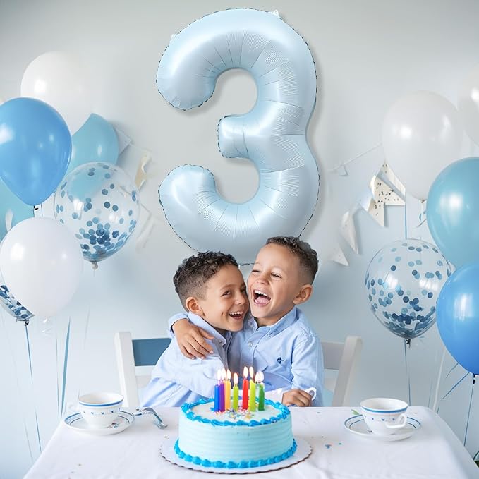 3rd Birthday Balloons for Boys, 40'' Foil Self Inflating Light Matte Blue Number 3 Balloon, Pastel Sky Blue Large Mylar 3 Balloon Number for Kids 3 Yeal Old Birthday Party Decor Anniversary Decoration