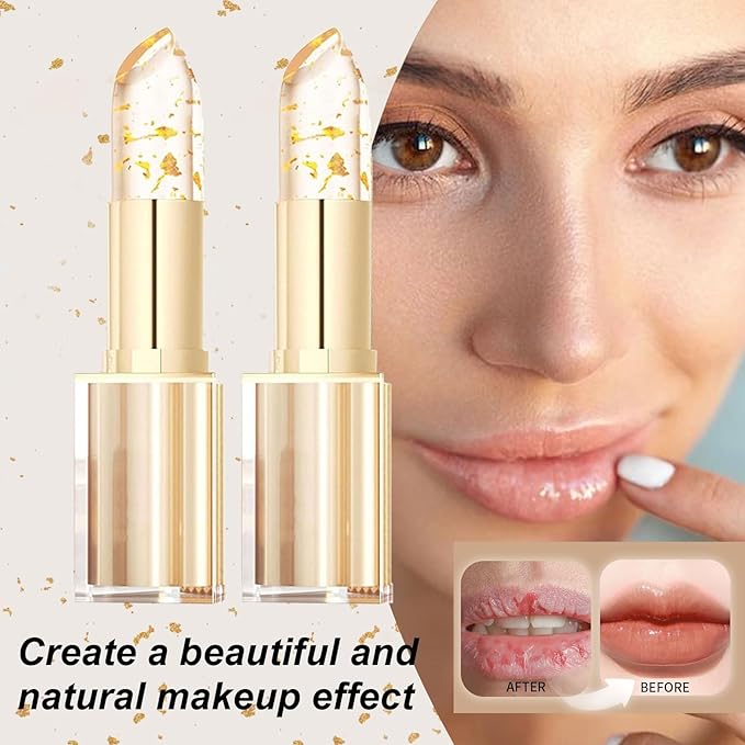 Transferproof Color Changing Lipstick, Gold Crystal Color Changing Lipstick,Long Lasting 24 Hours Moisturizing Glossy Shine Lip Gloss(2PC)