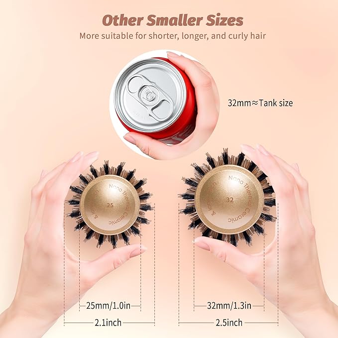 Small Round Brush for Blow Out, (Barrel 1 inch, 25mm) Nano Thermal Ceramic & Ionic Tech Round Barrel Hair Brush with Boar Bristles, Roller Brush for Blow Drying and Styling