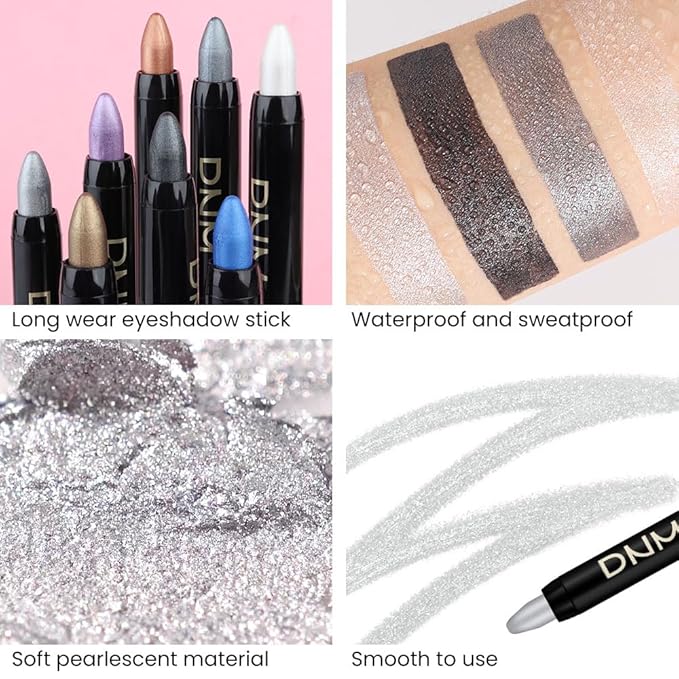 evpct 4Pcs White Black Grey Silver Cream Eyeshadow Pencil Bulk Stick Set, Waterproof Pearl white Dazzling grey Pearl black Silver Shimmer Metallic Eye shadow Crayon Stick sombras en crema para ojos