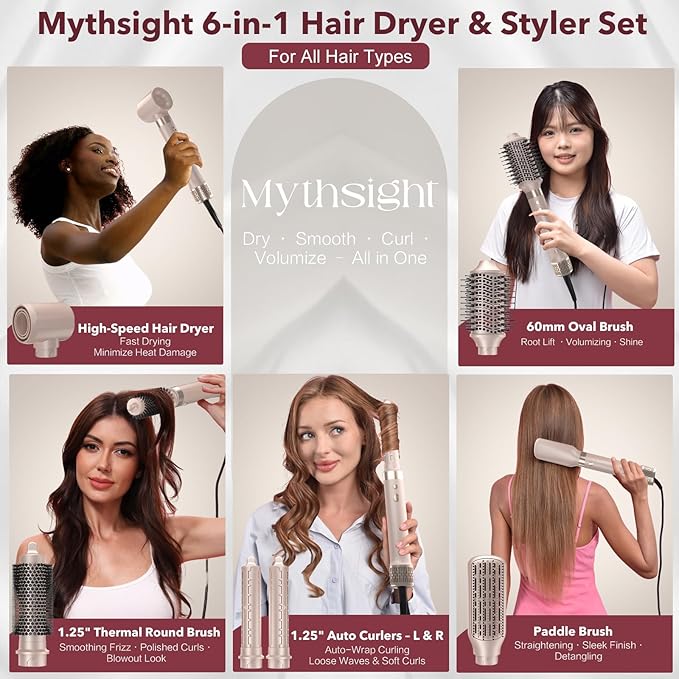 StyleVibe 6-in-1 Air Styler, Hair Dryer & Blow Dryer Brush with Auto Wrap Curl L/R, Fast Drying, Smooth Blowouts, Root-Lift Volume, No Heat Damage Frizz-Free Thermal Brush with Travel Bag