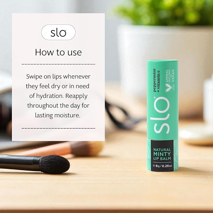 Slo | Natural Lip Balm - All Natural Ingredients, Vegan & Cruelty Free, Hydrating & Soothing, Plastic Free, Paper Packaging | Peppermint + Vitamin E, (0.28oz/8g)
