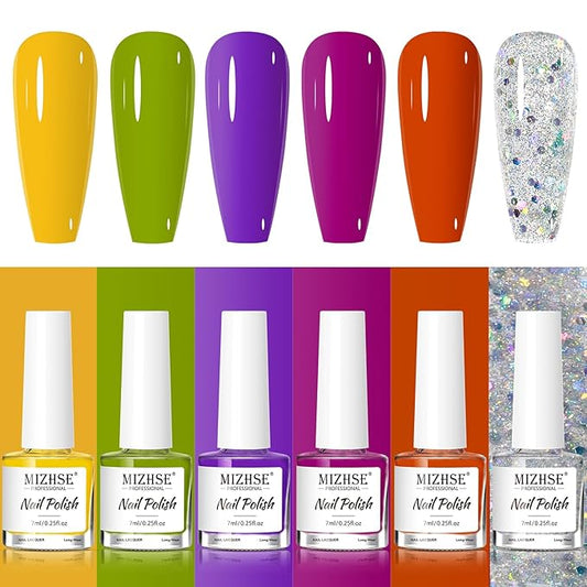 MIZHSE Nail Polish Set, Bright Colors Quick Dry Nail Polish for Women Girls, Fall Nail Lacquer Yellow Green Purple Rose Pink Air Dry Fingernail Polish for DIY Nail Art Salon, Ideal Non-Gel Gift Set